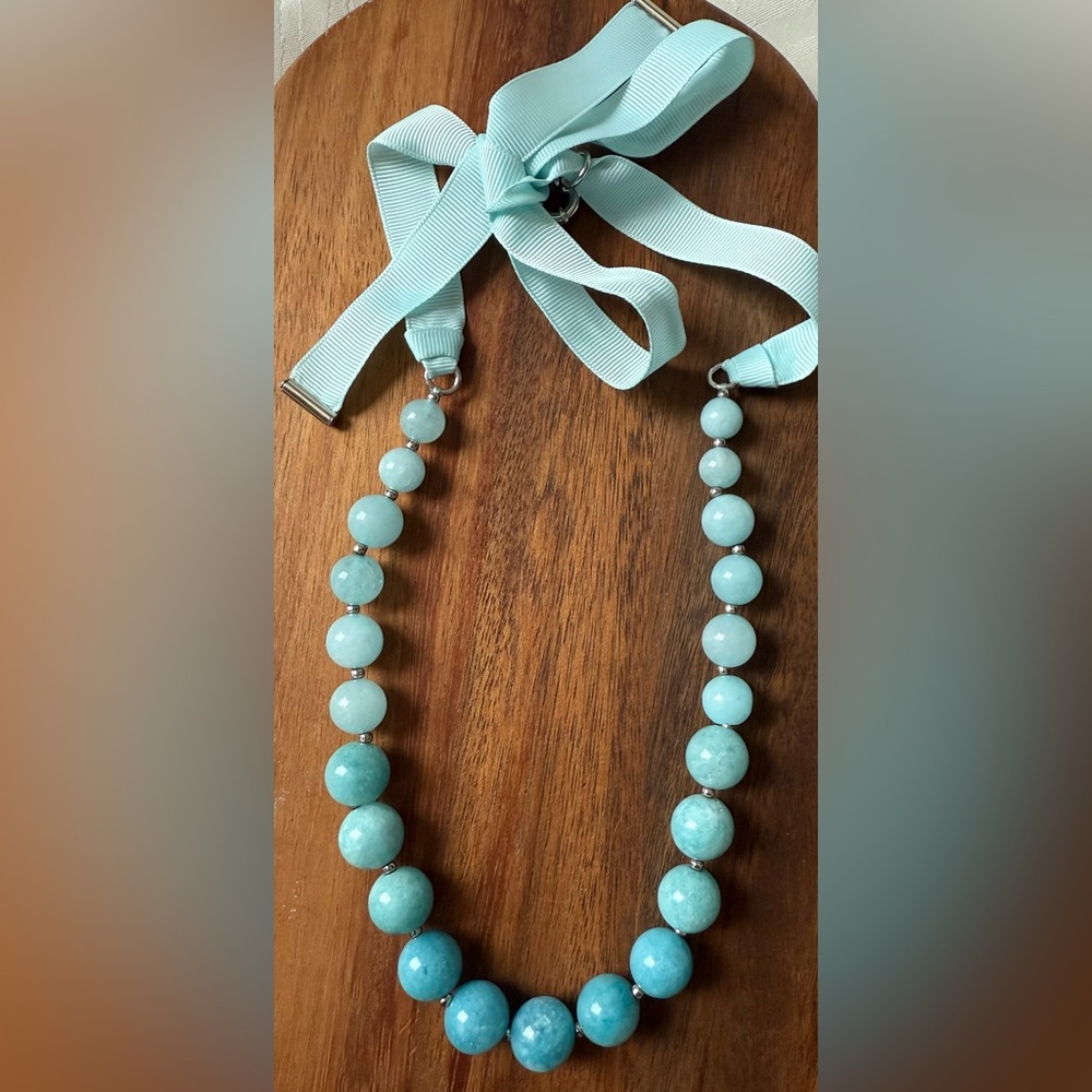 Talbots Natural Stone Aquamarine Beaded Ribbon Necklace Prom Blue Gem Adjustable